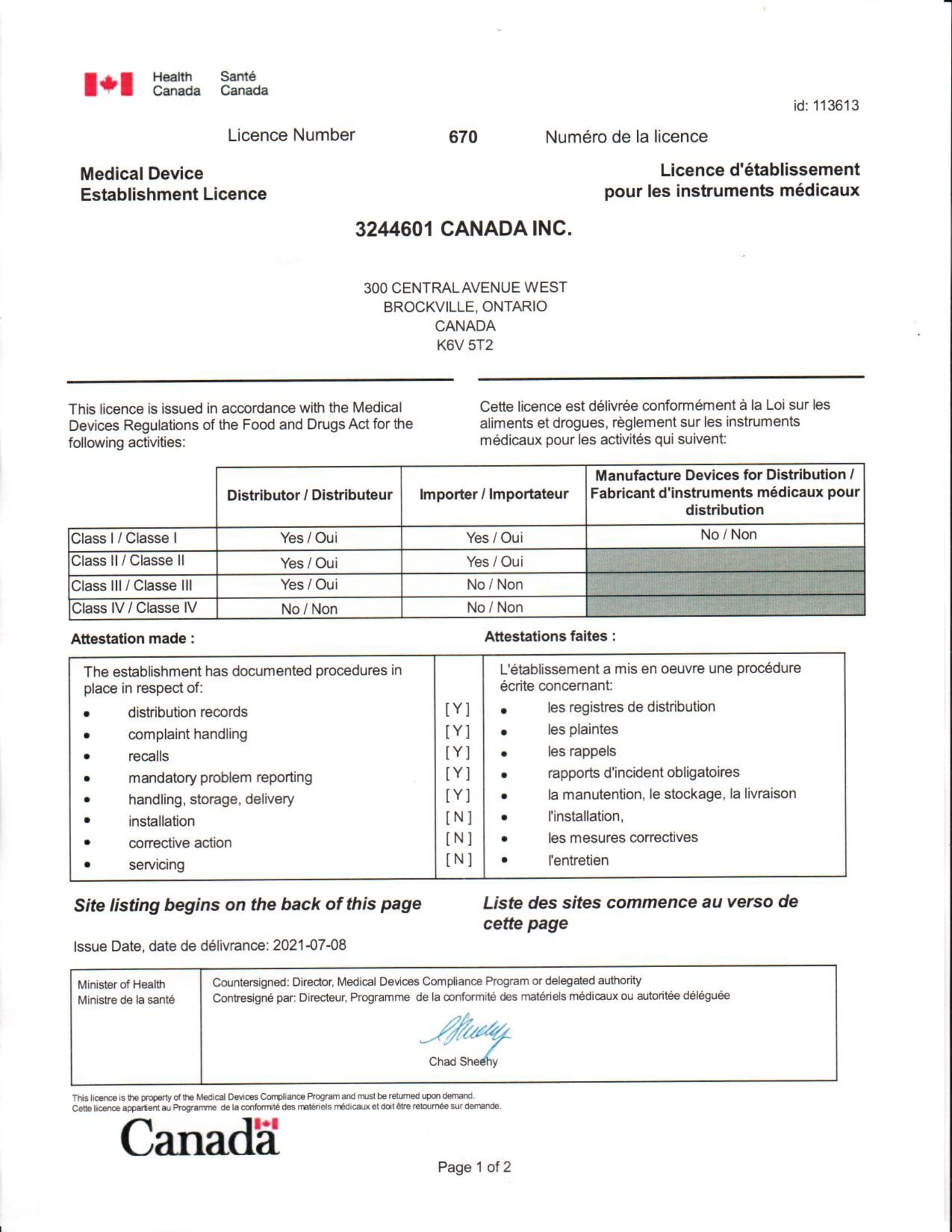 Medical Device Establishment Licence